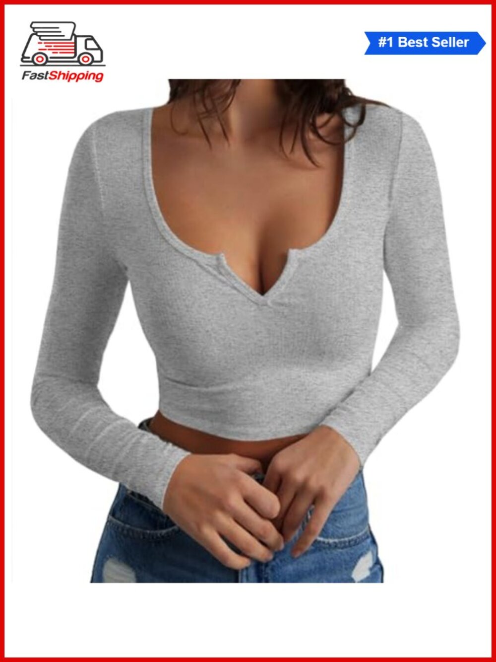✨ Artfish Long Sleeve Scoop Neck V Notch Ribbed Slim Fitted Crop Top